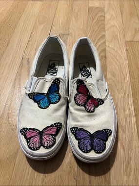 Vans White Slip-On Sneakers with Blue, Pink and Purple Butterfly Patches